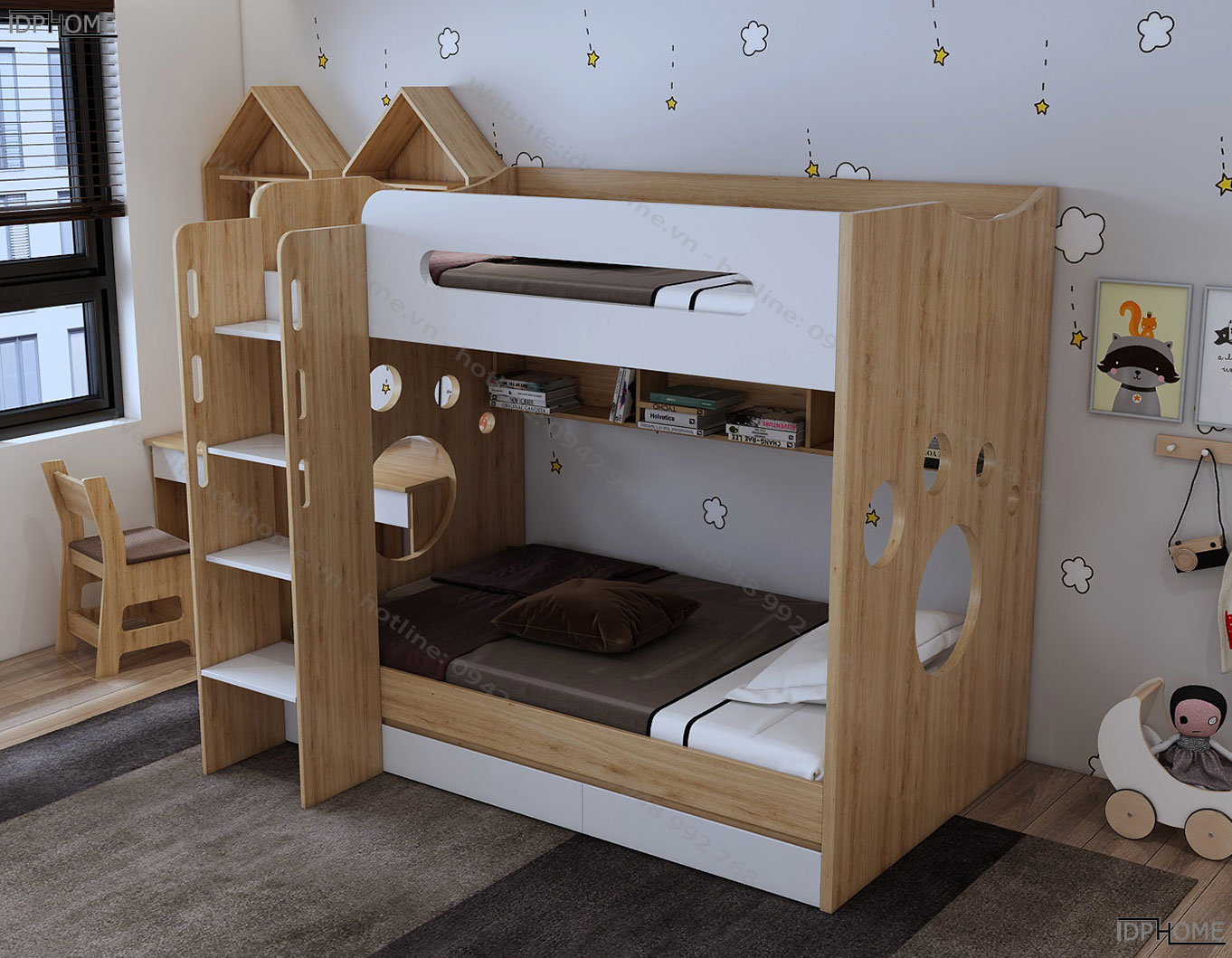 Mẫu giường tầng đẹp nhỏ gọn cho phòng hẹp GT6809