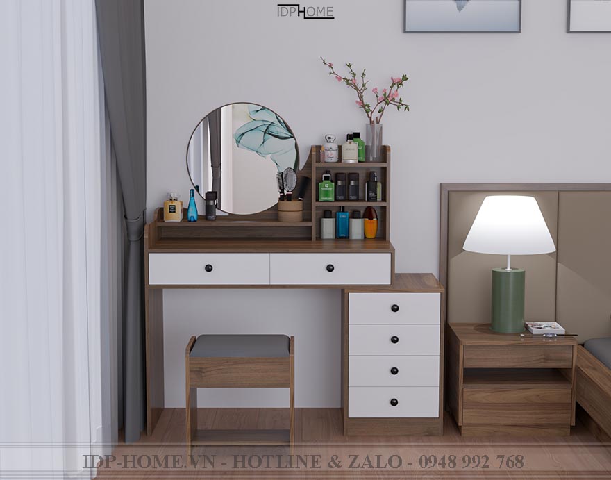 Bàn trang điểm gỗ đẹp BP6817 (gương tròn, 2 ngăn kéo rộng dưới mặt bàn và cụm tủ 4 ngăn kéo xếp dọc)