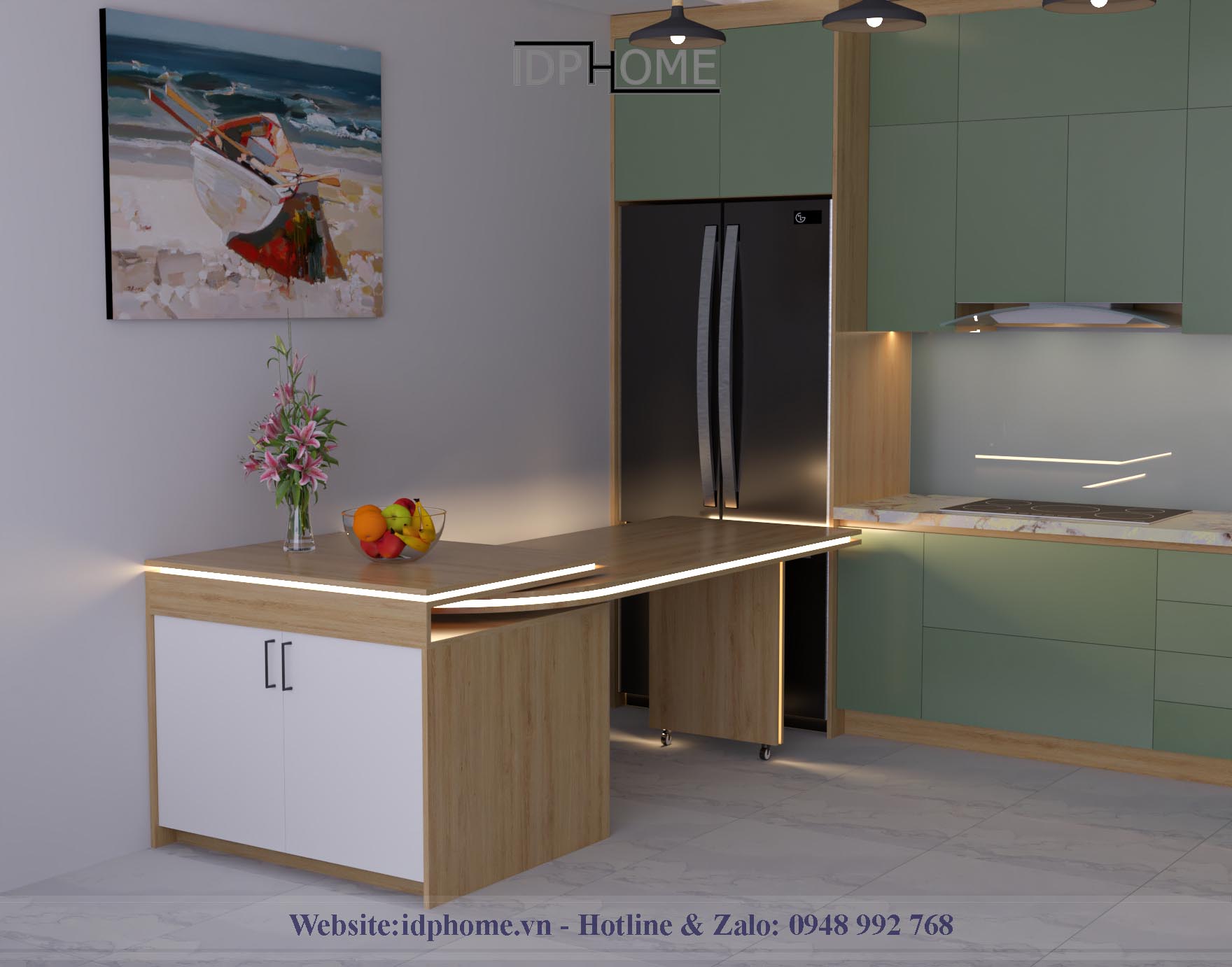 Bàn đảo bếp BD6816 kết hợp bàn ăn xoay góc thông minh