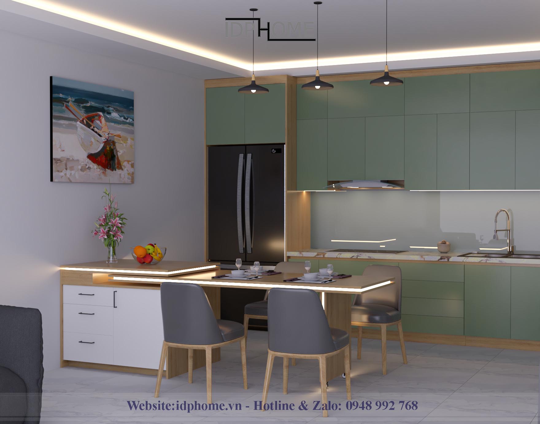 Bàn đảo kết hợp bàn ăn BD6816 với kích thước R2500 x C800 x S800 mm