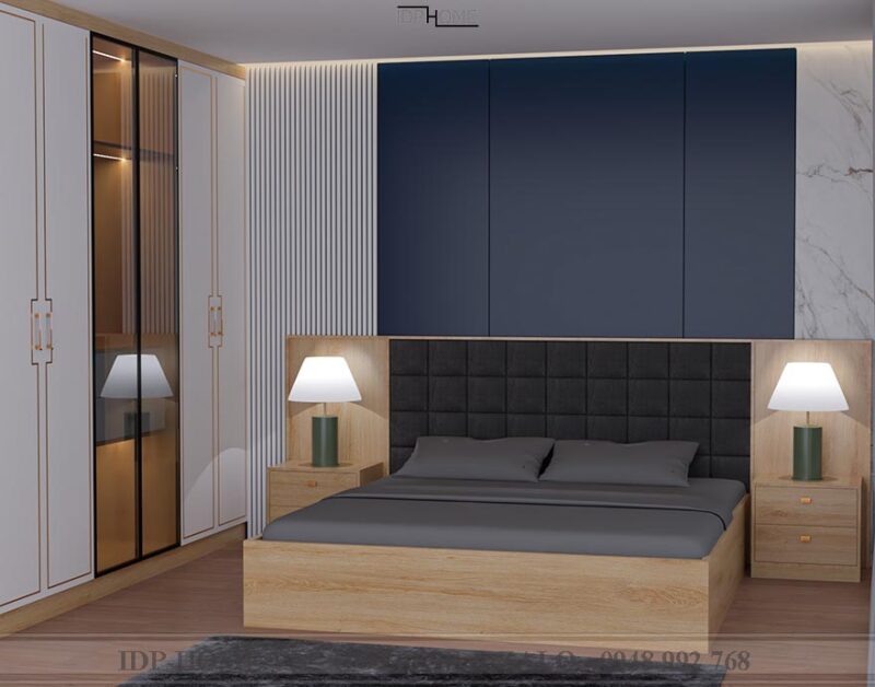 Giường ngủ GD6830 với đầu giường bọc vải nỉ/da rút múi ô vuông êm ái