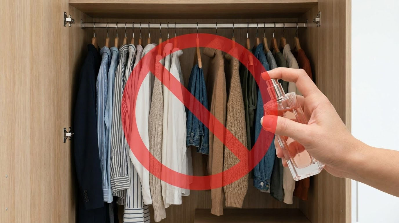 Không nên xịt nước hoa hay chất tạo mùi mạnh trực tiếp vào tủ quần áo